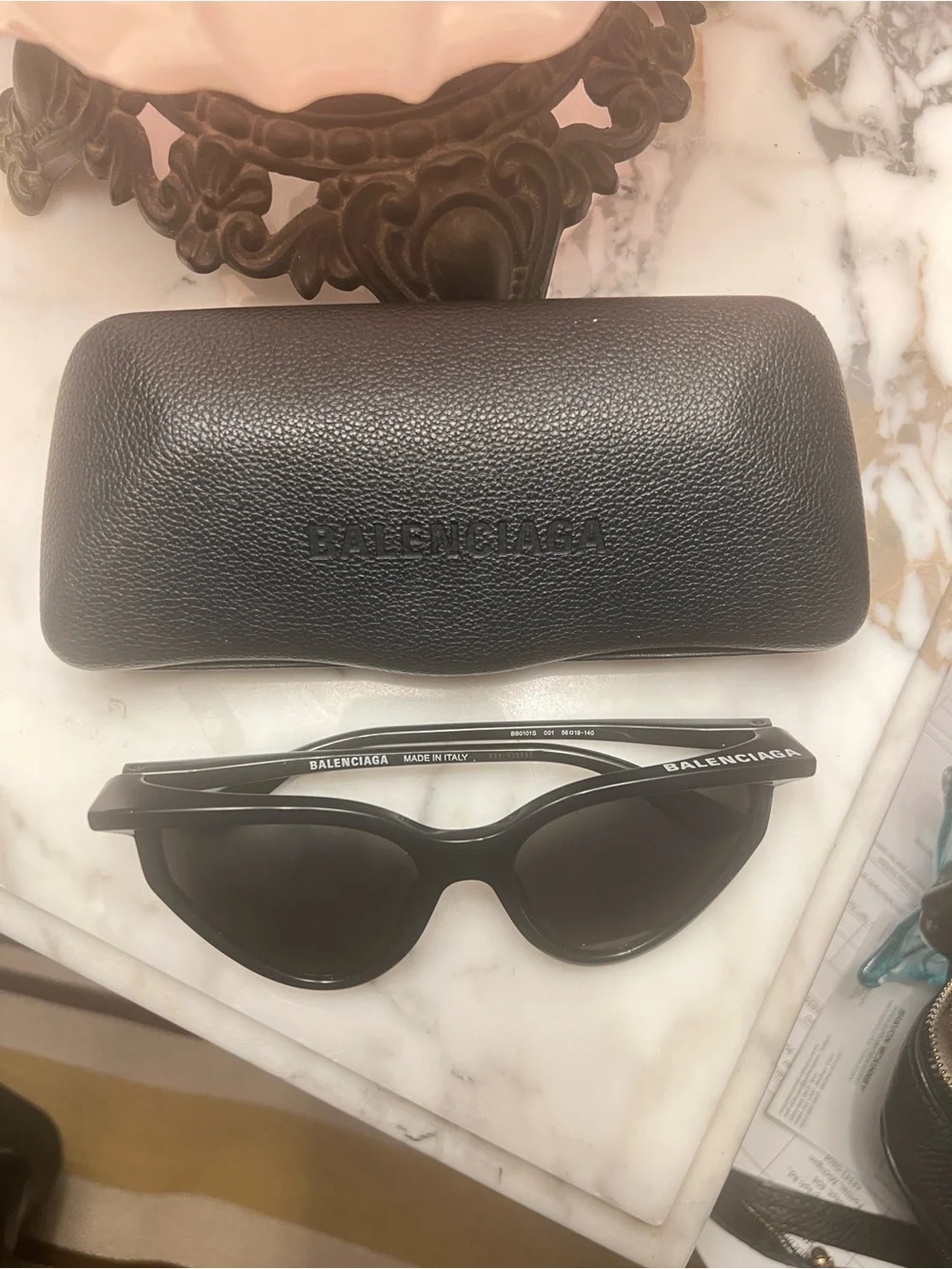 Balenciaga Black Cat-Eye Sunglasses with Embossed Case